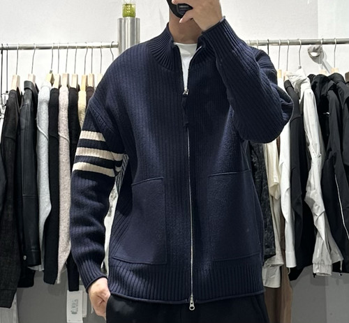 2024秋冬新款男撞色立领拉链针织开衫韩版时尚百搭三条杠毛衣外套