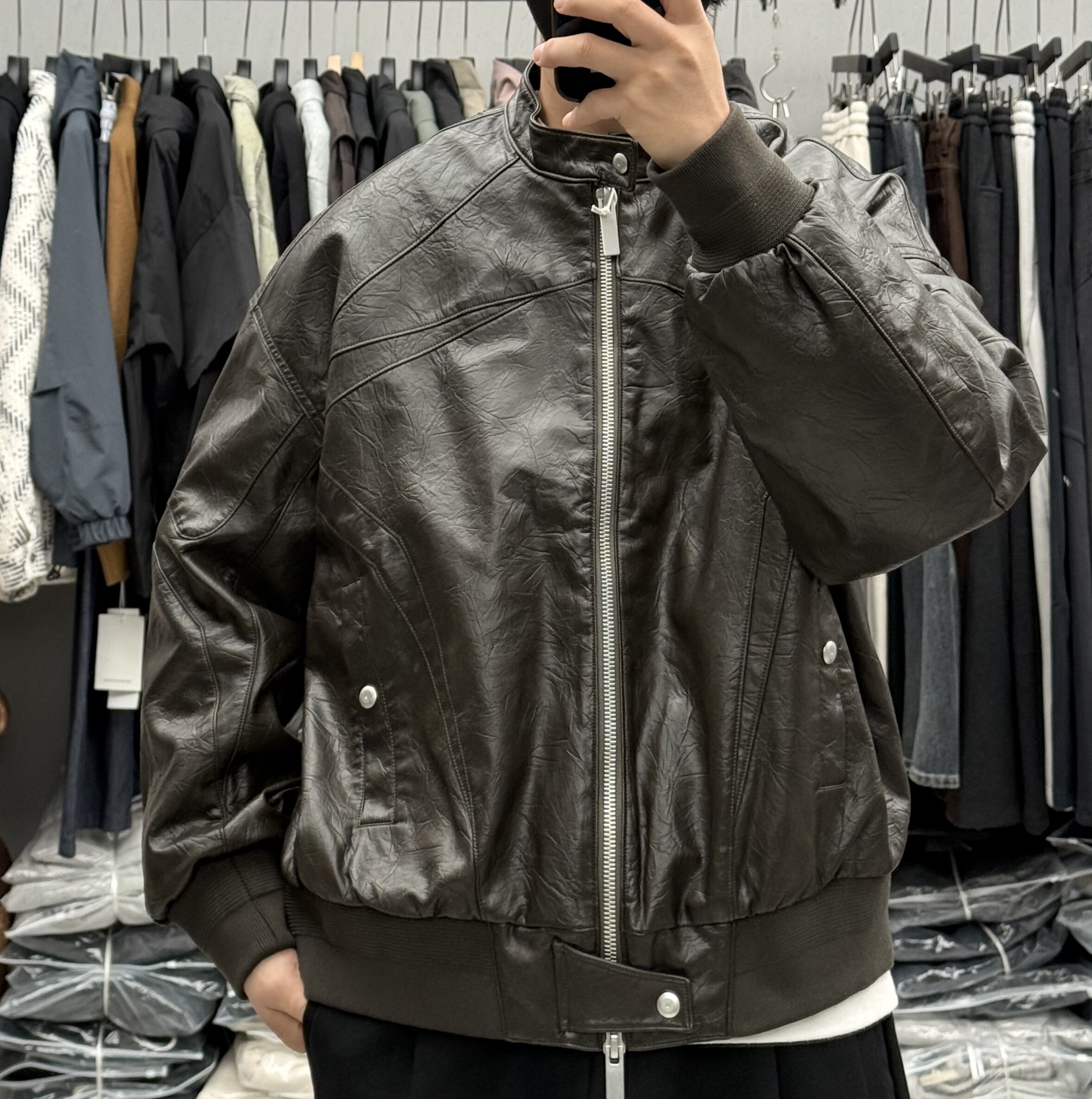 美式复古短款Pu皮立领羽绒服男冬季户外宽松保暖暗纹机车服外套潮