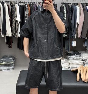 宽松痞帅套装 美式 男夏季 衬衫 潮 高级感明线拼接解构单宁色牛仔短袖