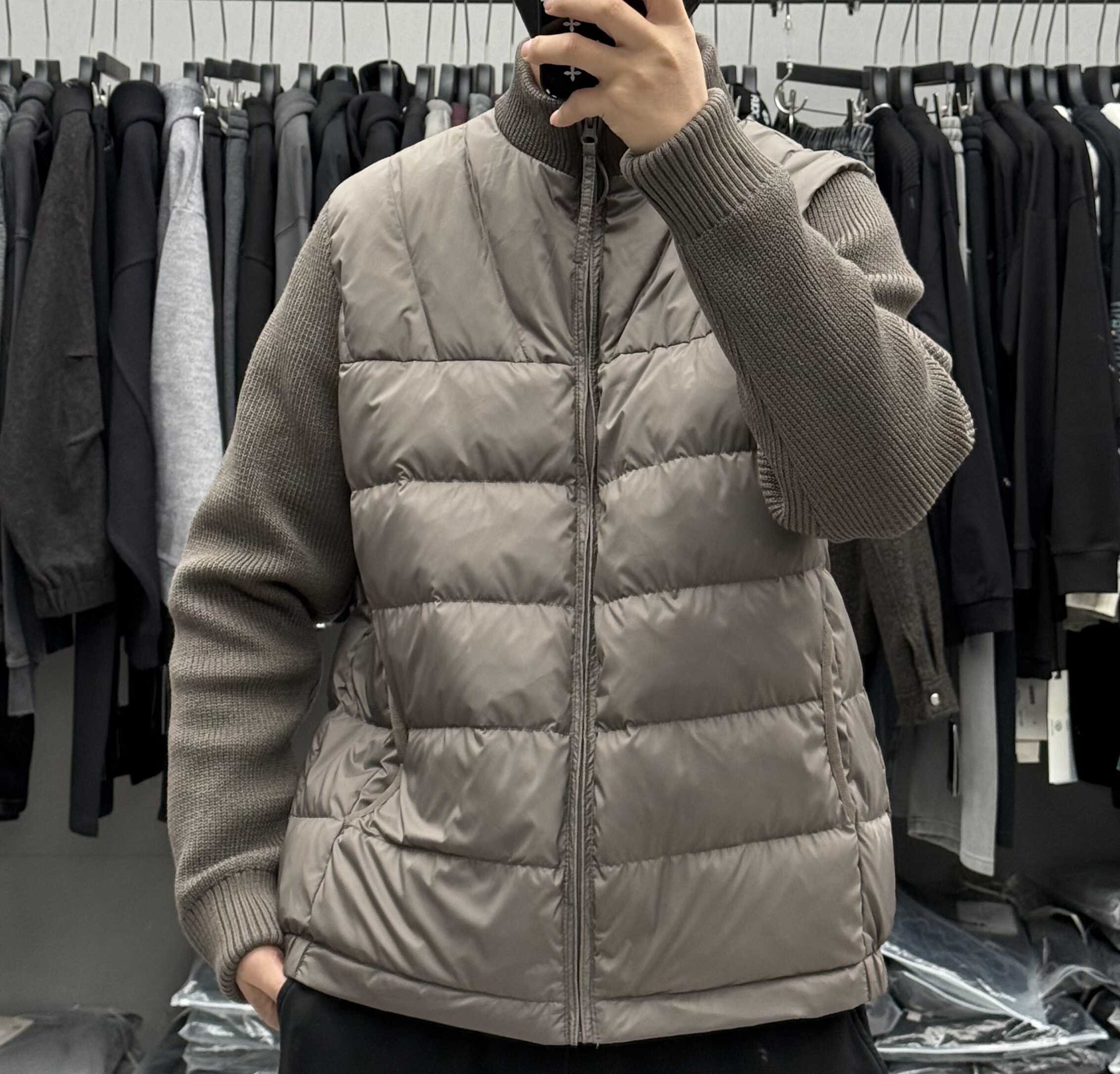 潮牌设计感针织毛衣袖子拼接立领羽绒服男冬季轻薄款90白鸭绒外套