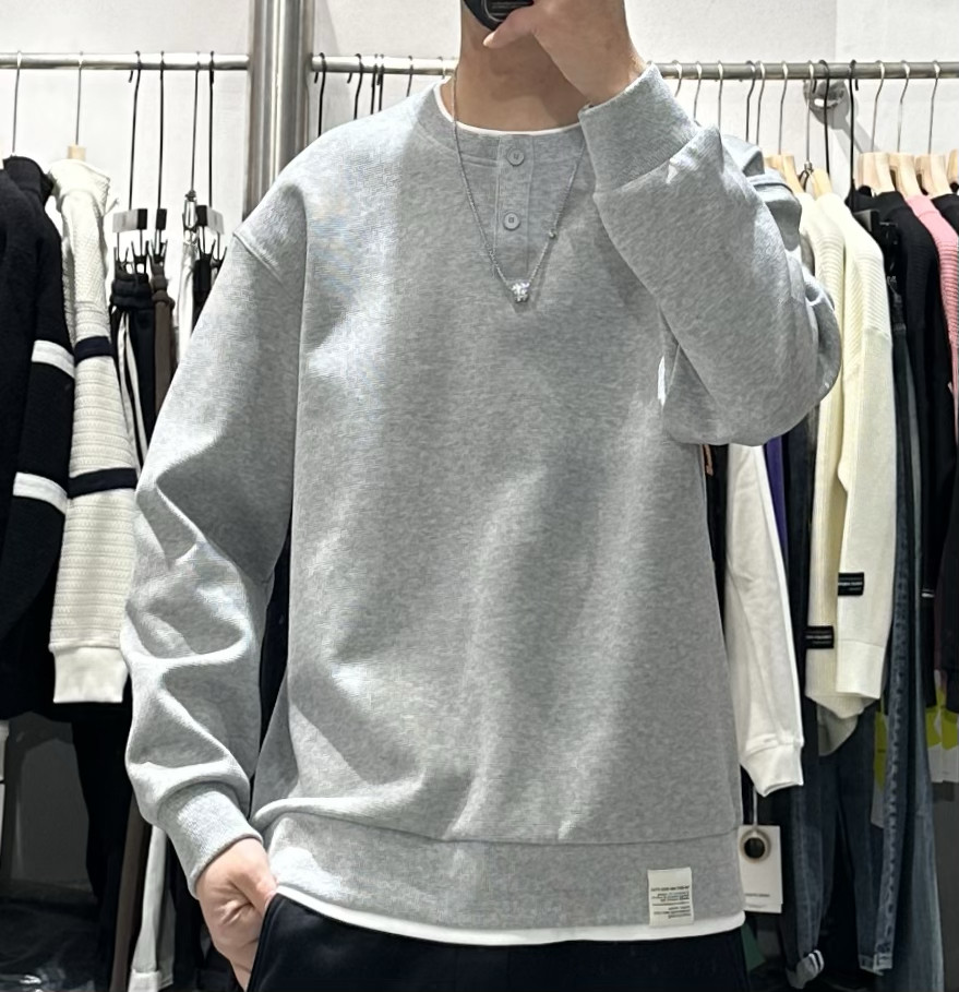 春季新款男高级感假两件拼接套头卫衣美式高街宽松亨利领打底上衣,男装,卫衣,淘宝优惠券,粉丝福利购,淘宝优惠卷