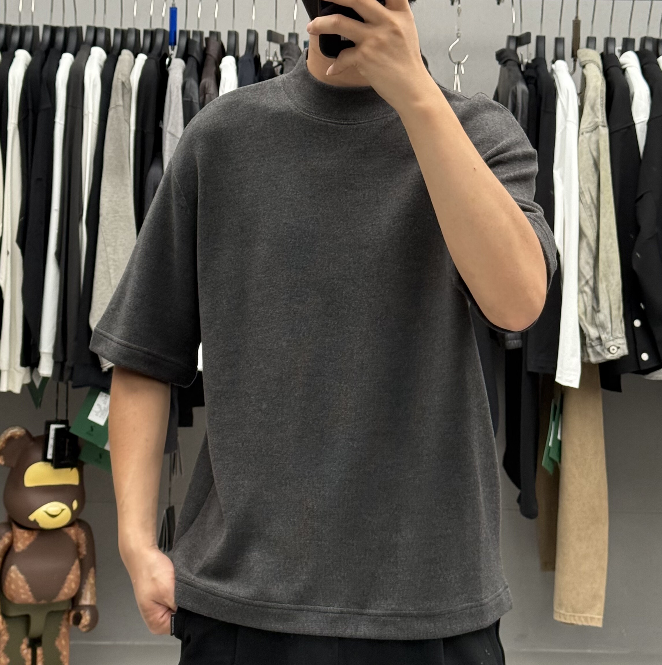 重磅纯色半高领磨毛加厚短袖T恤男秋冬美式宽松保暖软糯针织打底t