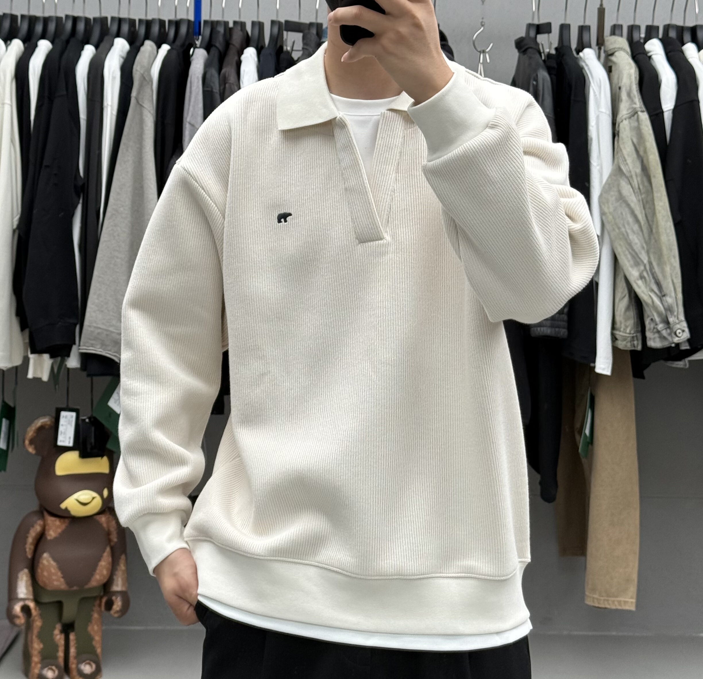 洛司冬季男简约小刺绣假两件拼接V领加绒卫衣韩系加厚保暖上衣潮