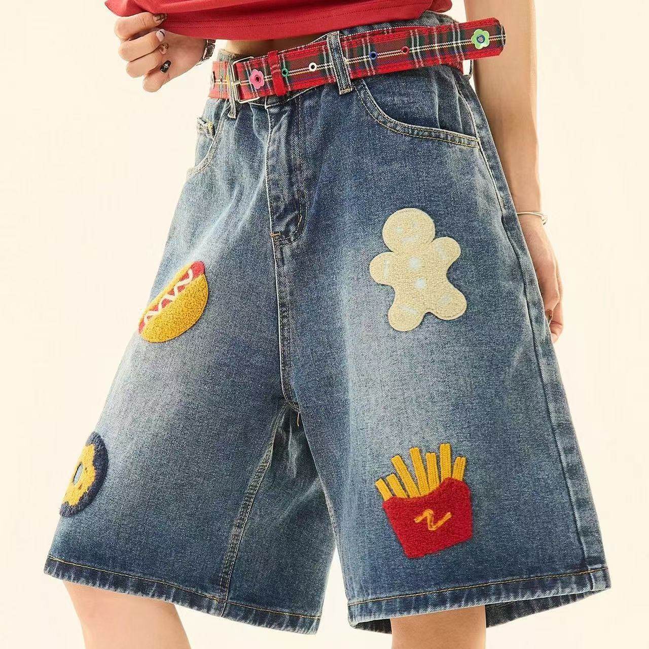 美式复古汉堡薯条毛巾绣牛仔短裤男女夏季潮牌宽松高街阔腿五分裤,男装,短裤,淘宝优惠券,粉丝福利购,淘宝优惠卷