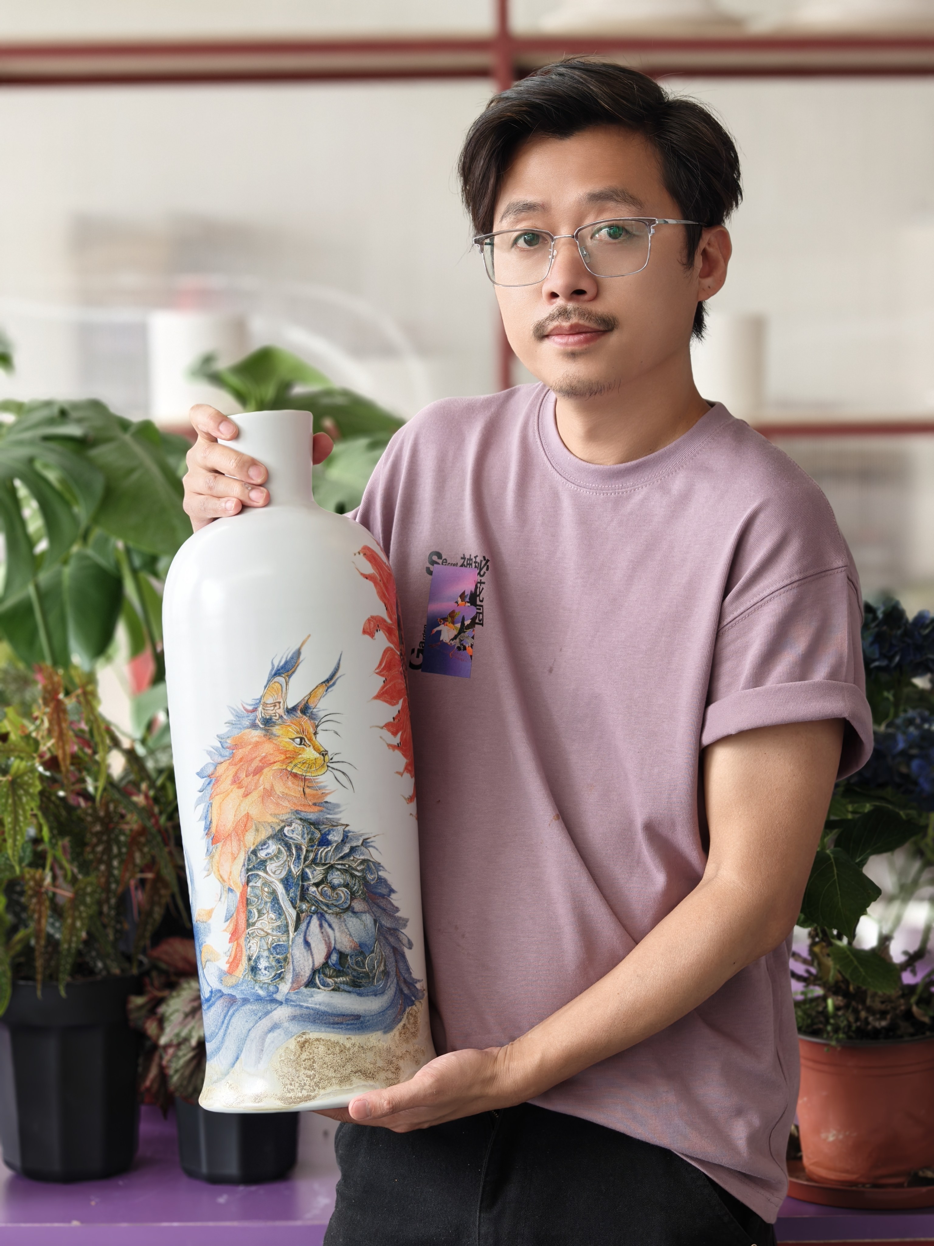 阿龙原创手绘缅因猫花瓶摆件客厅插花轻奢风个性艺术摆件(孤品)
