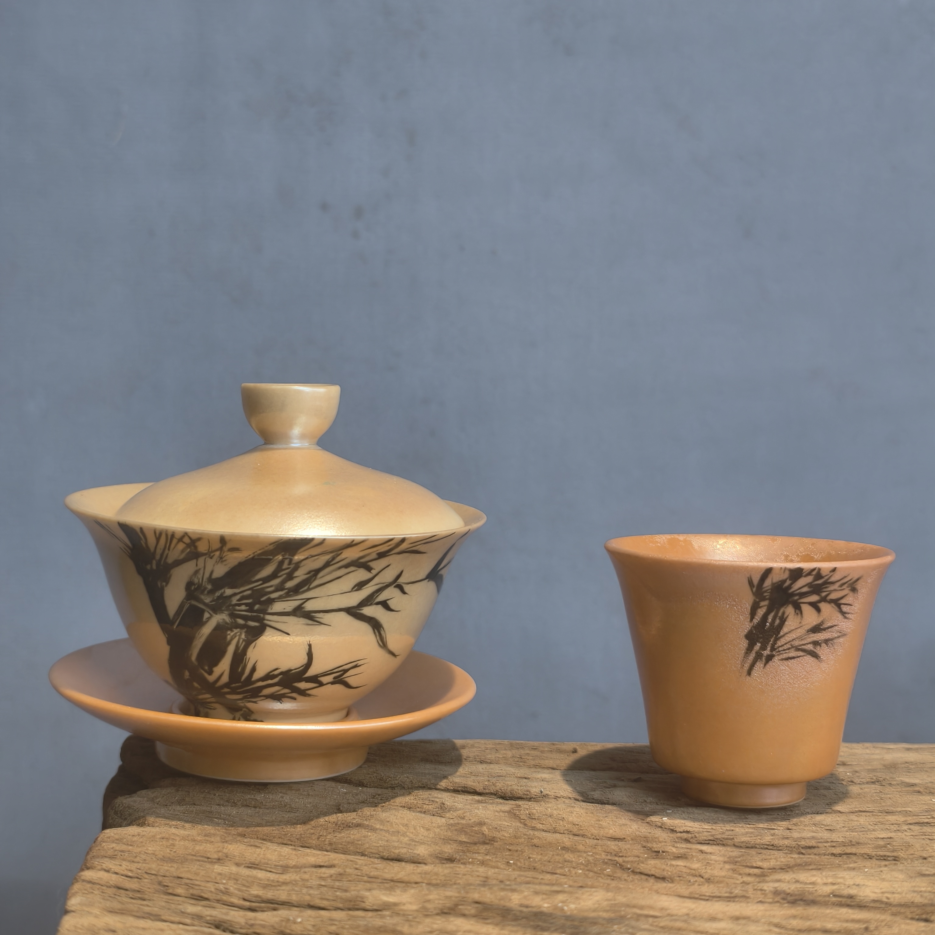 阿龙手绘柴烧竹子盖碗杯子茶具茶杯手工家用礼品瓷器