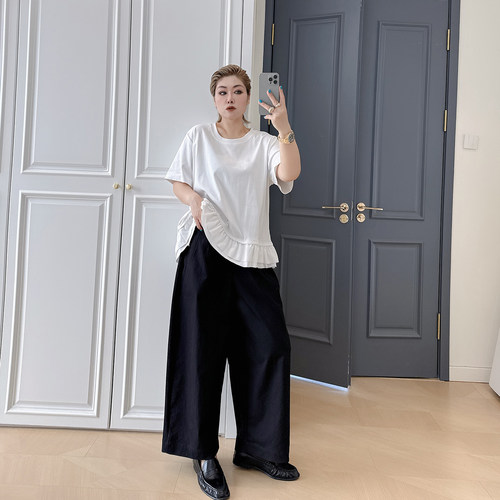 大码女装胖mm简约百搭阔腿裤