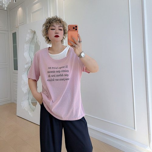 大码女装胖mm假两件镂空露肩t恤