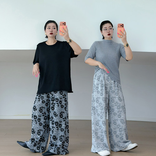 大码女装胖mm蕾丝提花慵懒裤子