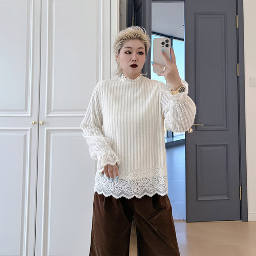 大码女装胖mm气质磨毛蕾丝衫