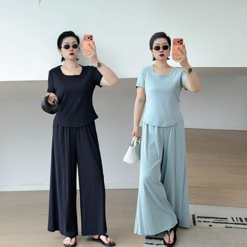 大码女装胖mmt恤衫阔腿裤套装