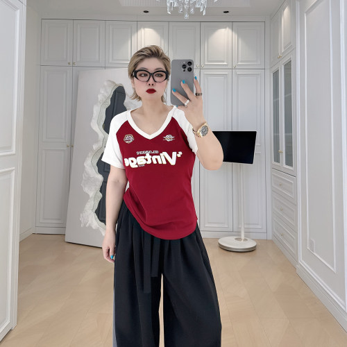 大码女装胖mm收腰v领撞色t恤