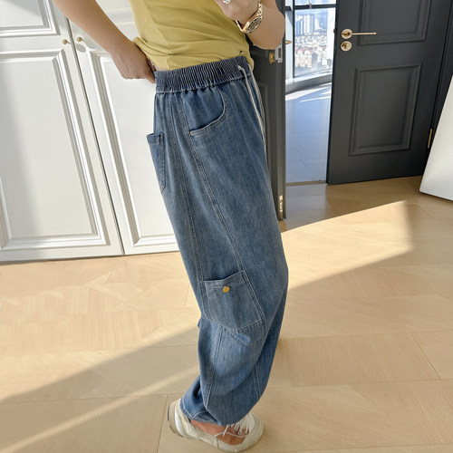 大码女装胖mm垂感工装牛仔裤