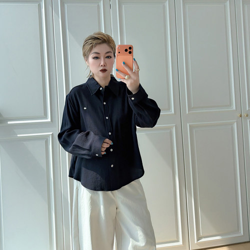 大码女装胖mm复古长袖衬衫