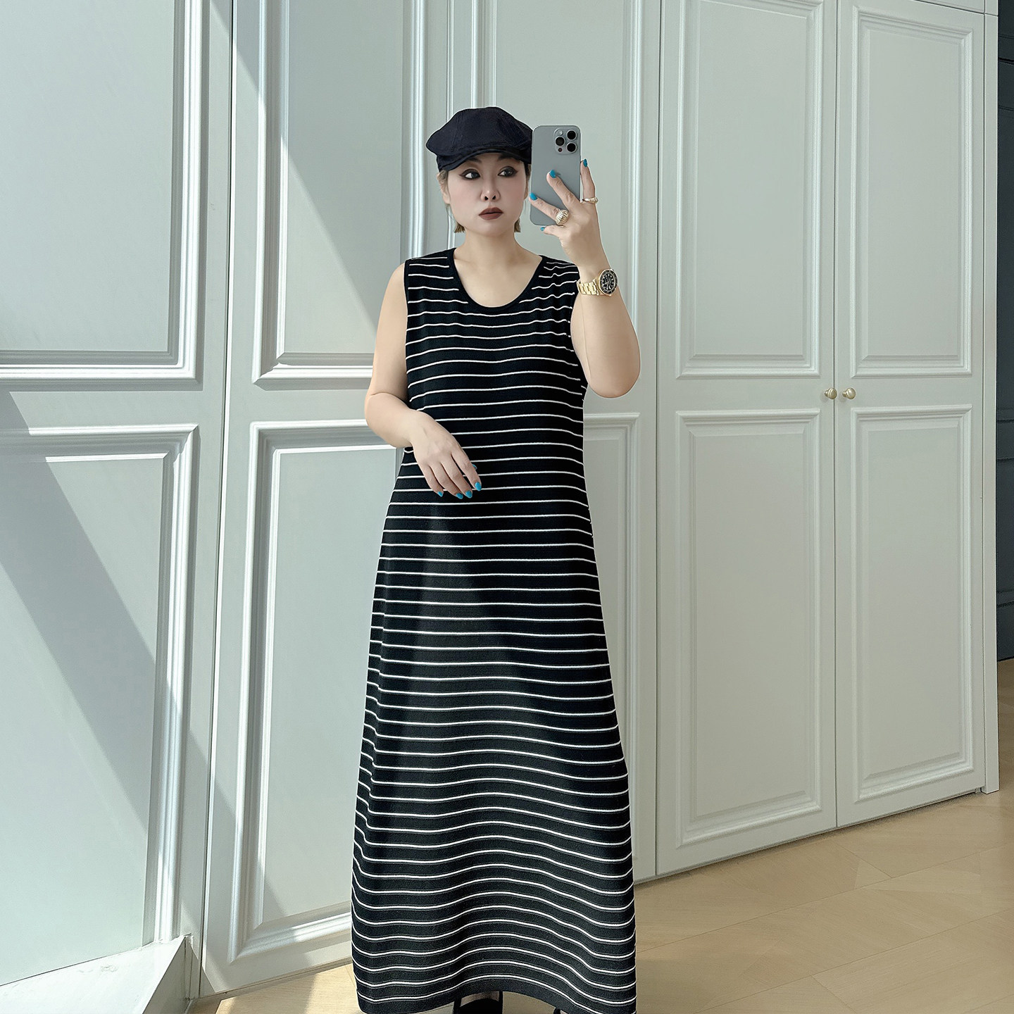 宽松慵懒条纹连衣裙大码女装显瘦遮肚200斤胖mm休闲气质无袖长裙