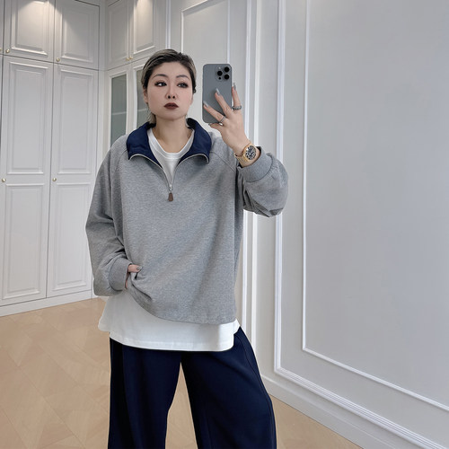 大码女装胖mm翻领撞色插肩卫衣