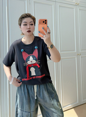 大码女装胖mm慵懒风卡通猫咪T恤女春季宽松遮肉短袖上衣百搭显瘦