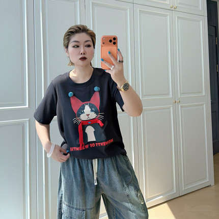 大码女装胖mm慵懒风卡通猫咪T恤女春季宽松遮肉短袖上衣百搭显瘦