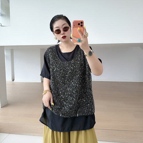 大码女装胖mm假两件拼接短袖t恤