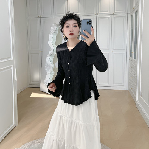 大码女装胖mm喇叭袖v领衬衫
