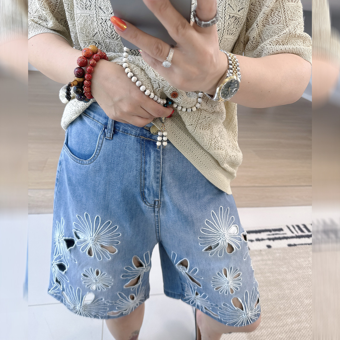 法式重工刺绣镂空大码女装牛仔短裤200斤胖mm高腰百搭潮五分中裤
