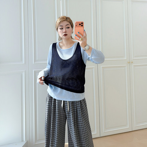 大码女装胖mm显瘦假两件针织衫