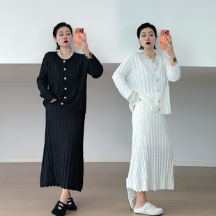 全脂家2026秋大码女装镂空针织开衫半身裙200斤胖mm显瘦时尚套装