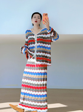 大码女装胖mm复古彩色两件套装