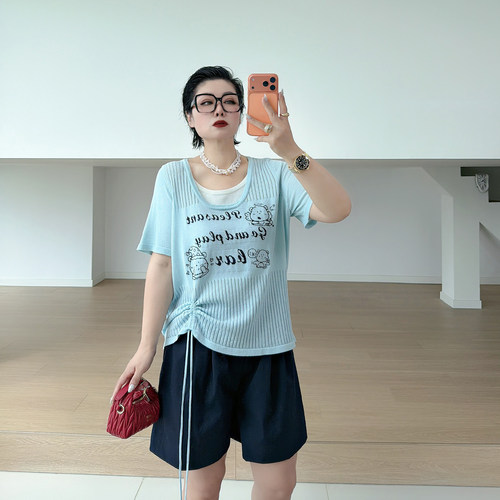 大码女装胖mm抽绳假两件针织t恤