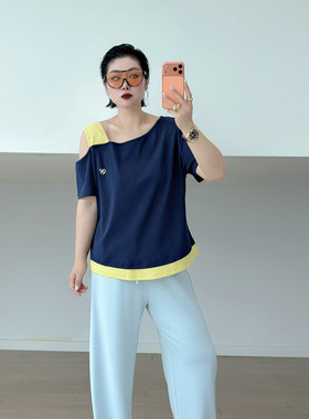 大码女装胖mm撞色假两件短袖t恤