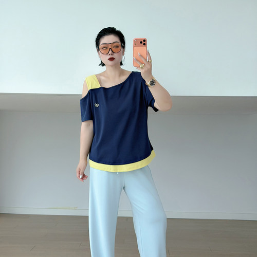 大码女装胖mm撞色假两件短袖t恤