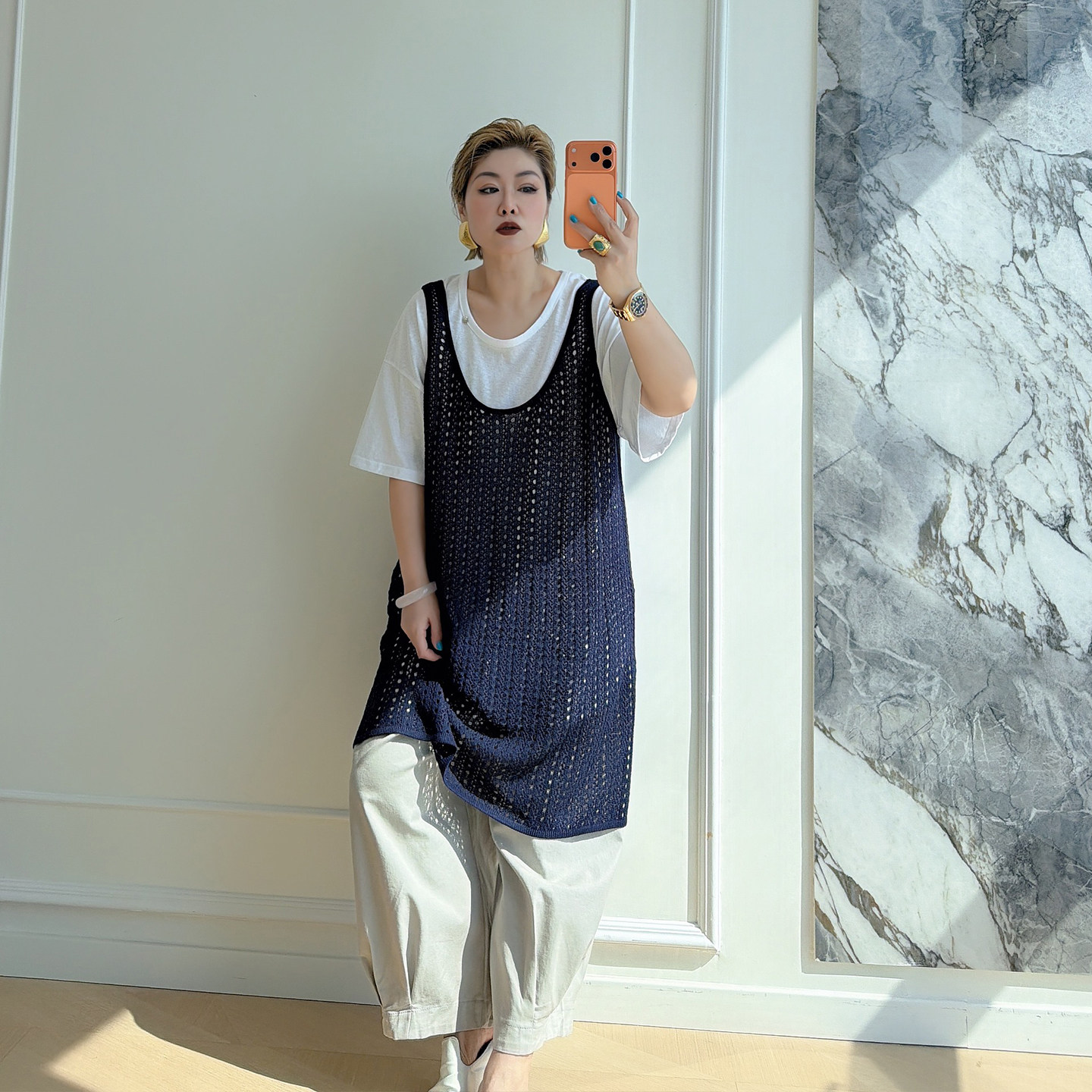 简约连衣裙大码女装u领叠穿镂空外搭背心裙200斤胖mm宽松针织罩衫