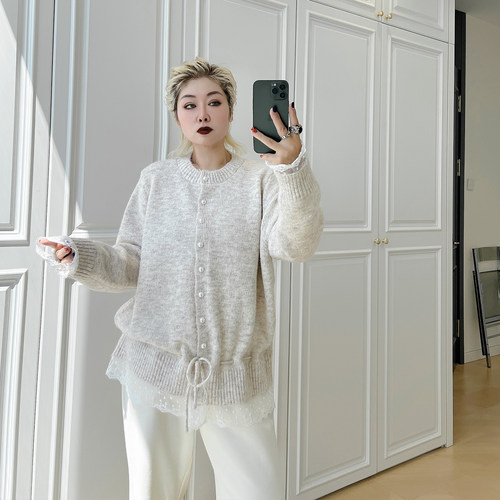 大码女装胖mm蕾丝拼接毛衣开衫