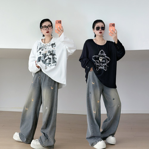 大码女装胖mm刺绣高腰牛仔裤