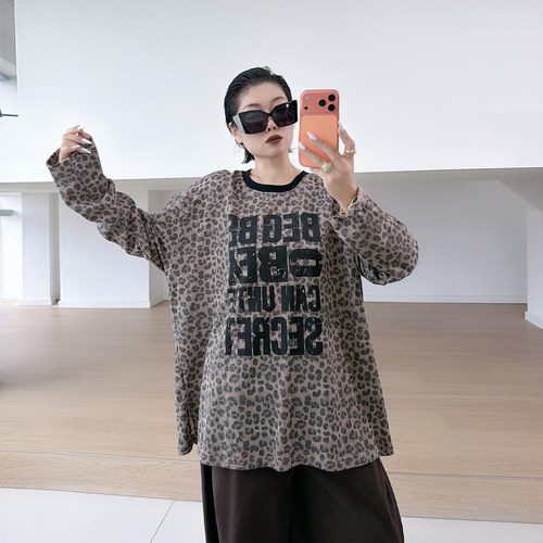 大码女装胖mm豹纹长袖t恤衫