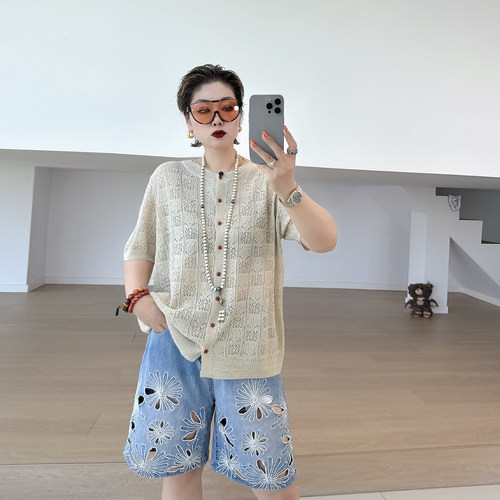 大码女装胖mm钩花镂空轻薄针织衫