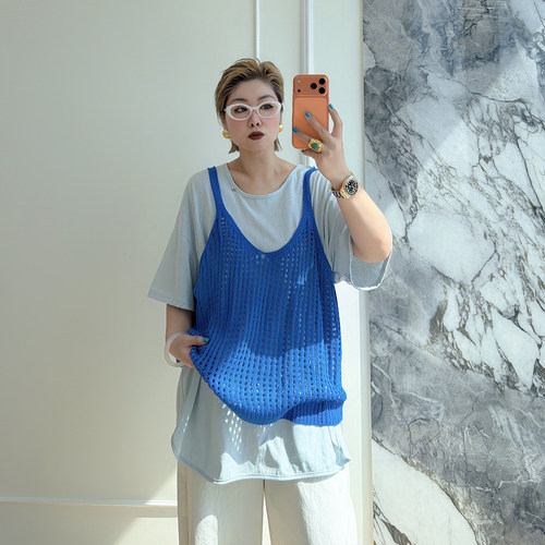 大码女装胖mm镂空吊带背心针织衫
