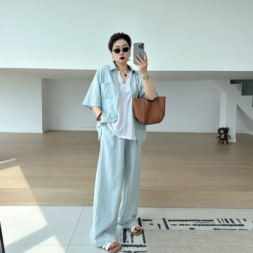 大码女装胖mm衬衫阔腿裤两件套