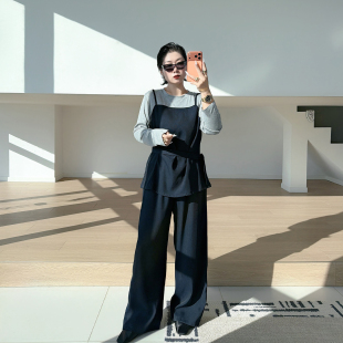 全脂家2026秋季大码女装胖mm假两件T恤阔腿裤子百搭通勤两件套装