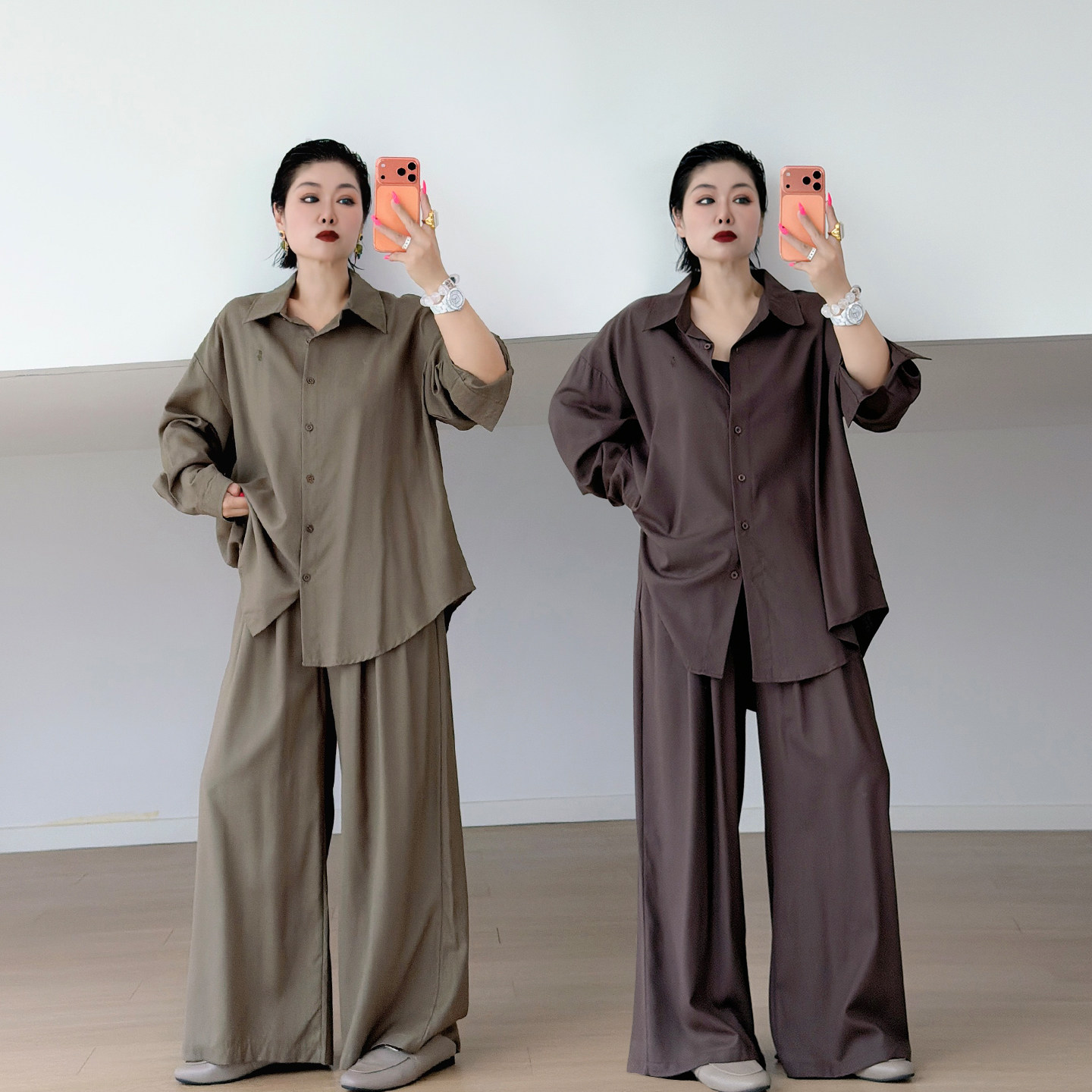 全脂家2026秋季极简通勤衬衫大码女装套装200斤胖mm休闲裤两件套