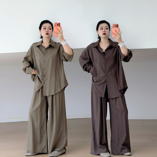 大码女装胖mm通勤衬衫休闲裤套装