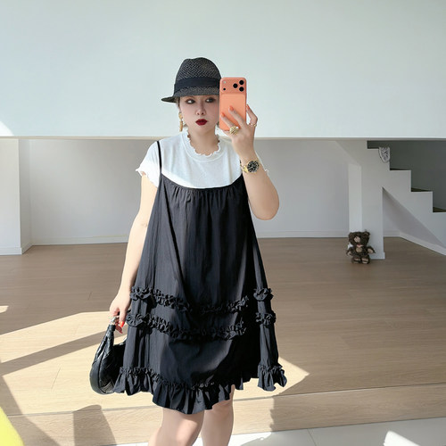 大码女装胖mm吊带连衣裙t恤套装