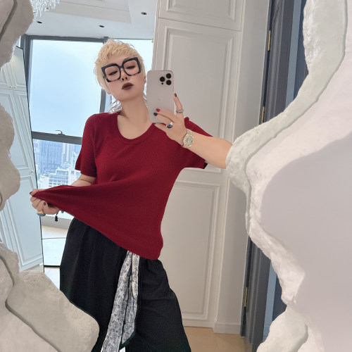 大码女装胖mm简约u领短袖针织衫