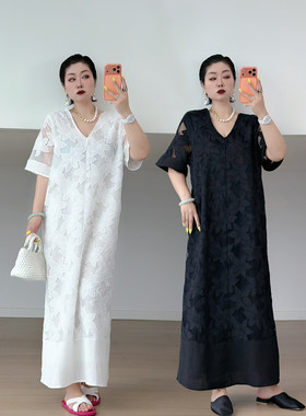 大码女装胖mm重工v领轻奢长裙