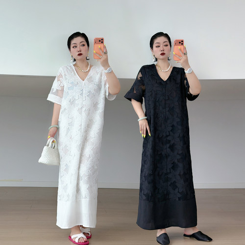 大码女装胖mm重工v领轻奢长裙