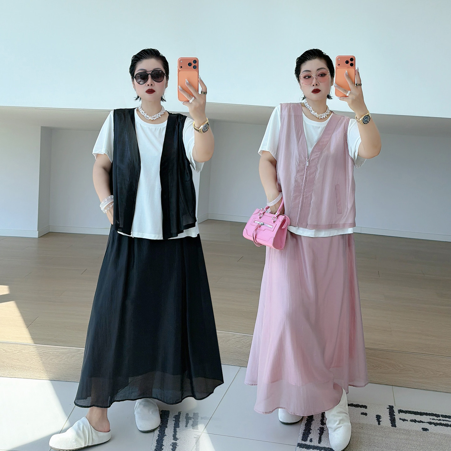 大码女装网纱马甲内搭短袖t恤高腰半身裙200斤胖mm显瘦通勤三件套