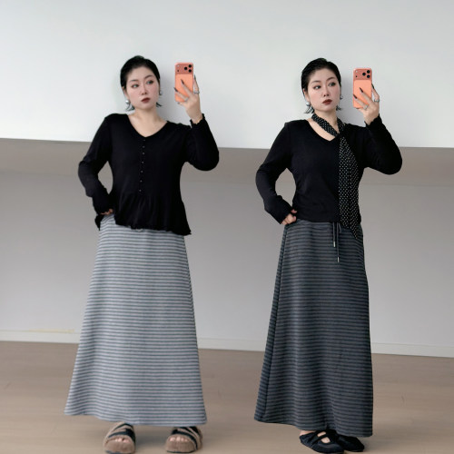 大码女装胖mm高腰条纹半身裙