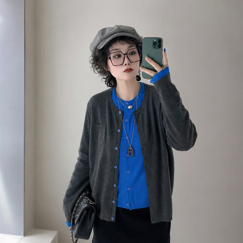 大码女装胖mm假两件针织开衫