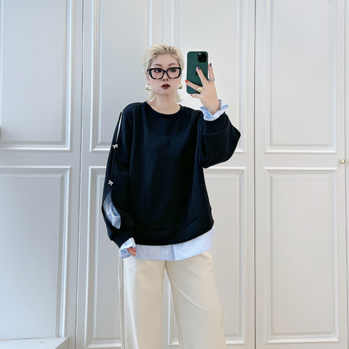 大码女装胖mm假两件设计感卫衣