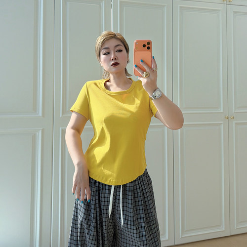 大码女装胖mm正肩短款短袖t恤